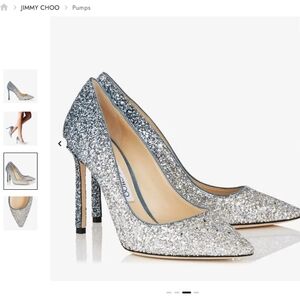Jimmy Choo Romy 85 Fireball Glitter Silver Dusk Blue pump heels . LIKE NEW